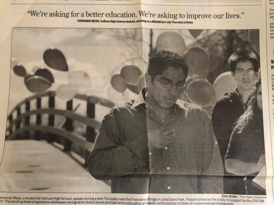 News clipping of a photo of Fernando speaking at a rally when he was in high school in support of the DREAM act