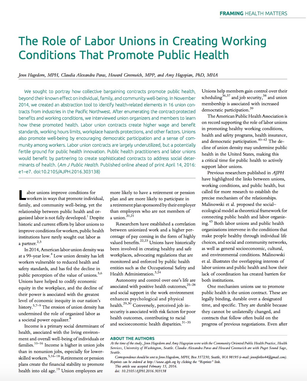 The Role of Labor Unions in Creating Working Conditions That Promote Public Health